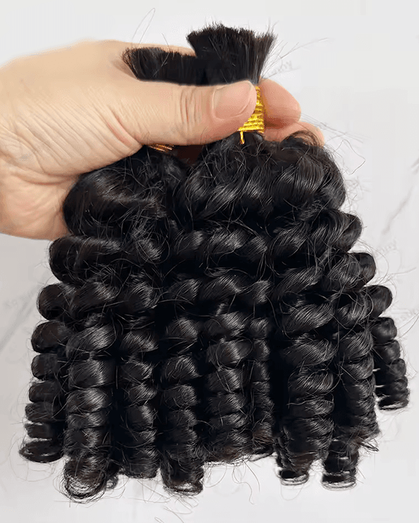 Enhance your style with Premium Raw Indian Temple Bulk Hair – Telephone Curly, featuring tightly defined, spring-like curls for a bold and voluminous look