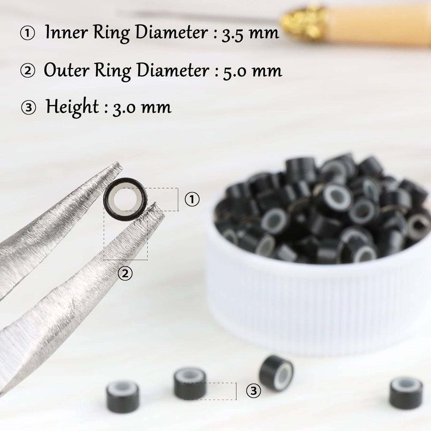 Micro Ring Hair Extension Beads for Micro Tip Human Hair Extensions 3.0x1.8x2.2 mm(Black)