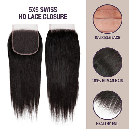 Closure Straight Human Hair Extensions (5x5)