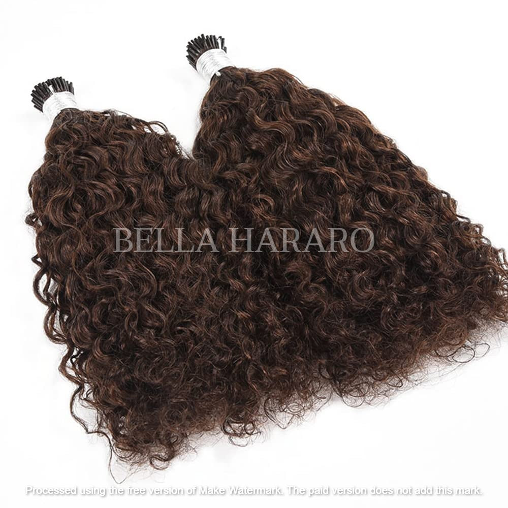 Keratin Fusion I Tip Virgin Raw Unprocessed Temple Loose Curly Human Hair Extensions In #4 Brown Color Pack Of 1