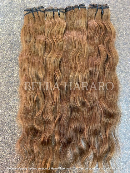 4 Bundle Deal Weft Single Drawn Wavy Human Hair In #6 Light Chestnut Brown Color (Pack Of 4 Bundles)