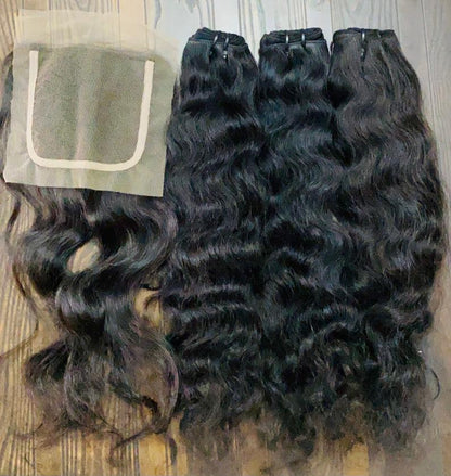 3 Bundle Deal Natural Wavy Hair With Closure Unprocessed Raw Indian Temple Hair In Natural Color (Pack Of 3)