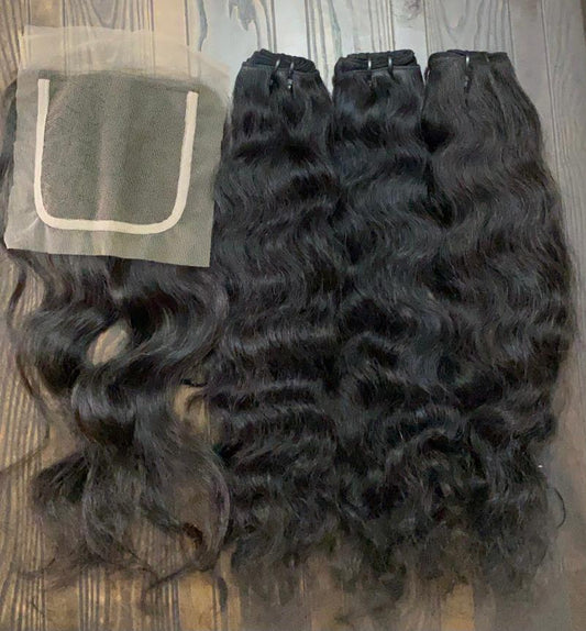 3 Bundle Deal Natural Wavy Hair With Closure Unprocessed Raw Indian Temple Hair In Natural Color (Pack Of 3)