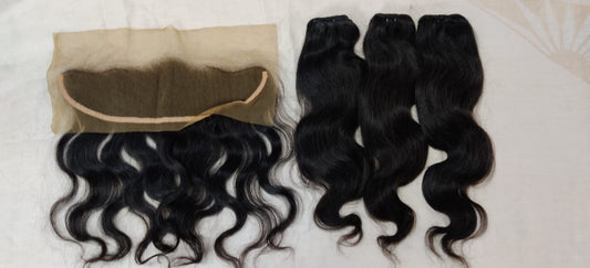 3 Bundle Deal Bodywave Hair With Frontal Unprocessed Raw Indian Temple Hair In Natural Color (Pack Of 3)