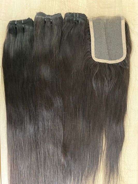 3 Bundle Deal Straight Hair With Closure Unprocessed Raw Indian Temple Hair In Natural Color (Pack Of 3)