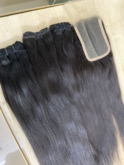 3 Bundle Deal Straight Hair With Closure Unprocessed Raw Indian Temple Hair In Natural Color (Pack Of 3)