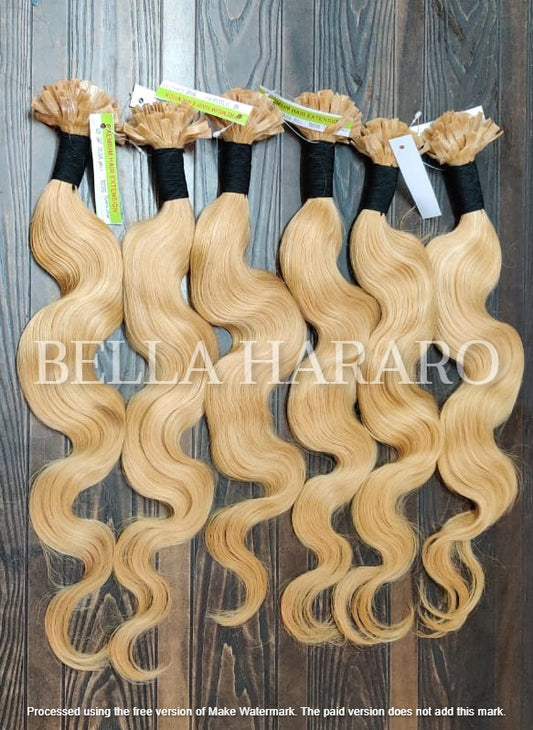 Keratin Fusion Tips Flat Tip Virgin Raw Unprocessed Temple Body Wave Human Hair Extensions In Blonde Color Pack Of 1