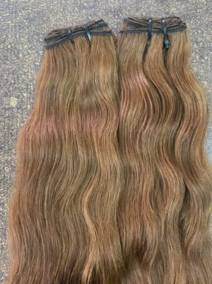 4 Bundle Deal Weft Single Drawn Wavy Human Hair In #6 Light Chestnut Brown Color (Pack Of 4 Bundles)